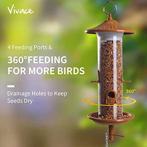 Bird Feeder, Vivace Bird Feeder With Drop-Down Tech, Easy To Fill Hanging Bird Feeder Metal Bird Feeder 12" Tube Bird Feeder For Outdoors Hanging, 4 Ports, With Hanging Hook #TOP3
