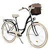 Comfortabele stadsfiets met mand, vintage damesfiets, Hollandse fiets, 26 inch, zwart-crème, 1 versnelling