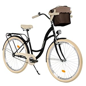 Comfortabele stadsfiets met mand, vintage damesfiets, Hollandse fiets, 26 inch, zwart-crème, 1 versnelling