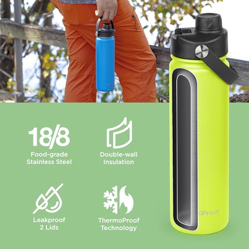 Image of ThermoProof Double-Walled Vacuum Insulated Stainless Steel Water Bottle - Wide Mouth with Chug & Spout Lids, Dishwasher Safe, Reusable, Leakproof, Hot & Cold for Men, Women & Kids - 22oz, Fresh Mint