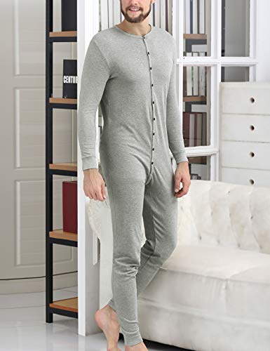 Colorfulleaf Men's Cotton Thermal Underwear Union Suits Henley Onesies Base Layer (Grey, L) #TOP2