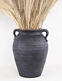 Large Ceramic Vase for Decor with 2 Handle - 7x7x10.5 Inch Rustic Vintage Flower Pottery Vase for Home Countertop, Shelf, Centerpiece and Table Deocration Black
