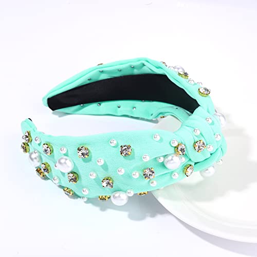 Glbcc Pearl Headband Sparkly Rhinestone Pearls Knot Hairband Wide Knotted Headband Headpiece Spring Summer Pink Black Headbands Headwear Accessories (Green Knot Hairband) #TOP2
