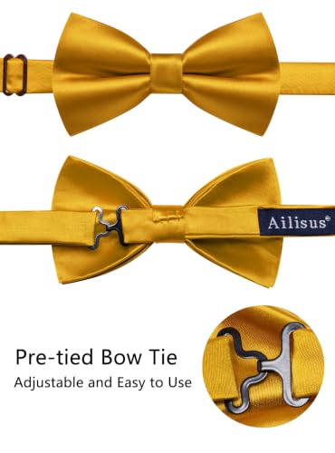 Image of Solid Color Bow Ties for Men Silk Pre-tied Tuxedo Bowtie Set 4PCS | Pre-tied in 3 seconds,adjustable 4PCS bow tie and pocket square cufflinks lapel pin set,wedding,formal,party,prom,graduation