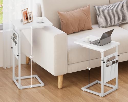 Vagusicc C Shaped End Table, 33\" Tall Side Table for Couch, Adjustable Height Recliner Table Small Couch Side Tables, Sofa Tables Slide Under Sofa TV Tray Arm C Table for Living Room, Bedroom, White - Thumbnail 3