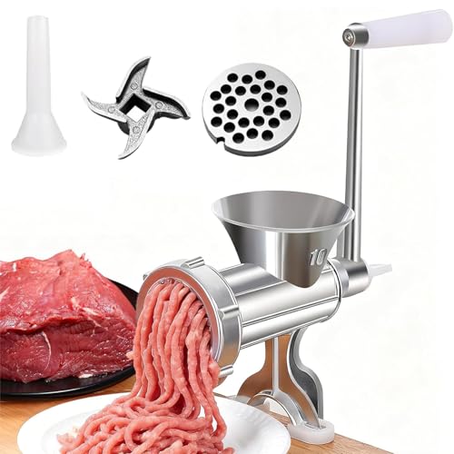Hachoir à viande manuel en acier inoxydable avec entonnoir à saucisse – Hachoir à viande manuel pour la maison, moulin multifonction pour saucisse, ail et...