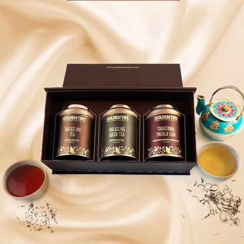Image of Golden Tips Assorted Tea Gift Box | Perfect Diwali Gifts for Family and Friends | Diwali Gift Set | Gift Hamper of Darjeeling Tea + Darjeeling Green Tea + Masala Chai