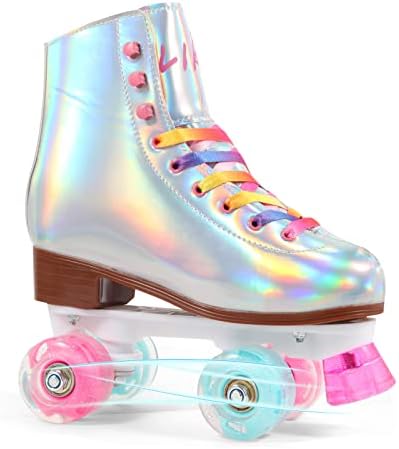 LIKU Quad Roller Skates for Girl and Women with All Wheel Light Up,Indoor/Outdoor Lace-Up Fun Illuminating Roller Skate for Kid (Shiny, 3-4)