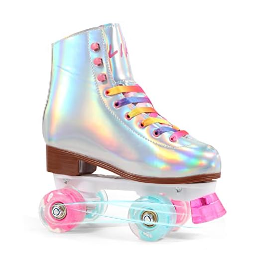 LIKU Quad Roller Skates for Girl and Women with All Wheel Light Up,Indoor/Outdoor Lace-Up Fun Illuminating Roller Skate for Kid (Shiny, 3-4)