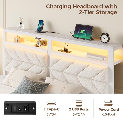 Image of Seventable Bed Frame Twin Size with Charging Station, LED Bed with Upholstered Storage Headboard, Metal Platform Bed with Under Bed Storage, No Box Spring Needed, Noise Free, Easy Assembly, White