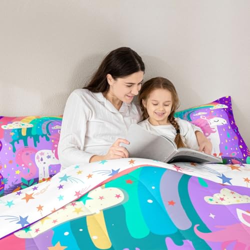 Image of Feelyou Cute Rainbow Unicorn Comforter Twin Size, Girls Cute Unicorn Comforter for Kids Toddler Rainbow Star Galaxy Stars Fantasy Bedding Set Purple Dreamy Horse Printed Duvet Set Microfiber Bed Set