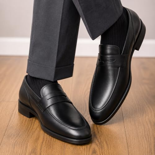 Image of Contablue Men's Black Leather Penny Loafers Slip-On Formal Shoes