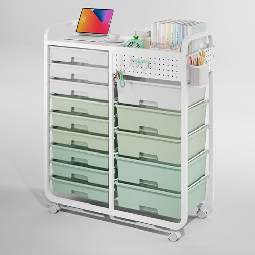 SYKIARIOL Utility Cart with 14 Drawers, Craft Cart with Drawer, Rolling Storage Drawer Cart on Wheel with Pegboard & 4 Hooks, Art Craft Organizer for Home Office, Green by SYKIARIOL - Used condition - CA$133.19