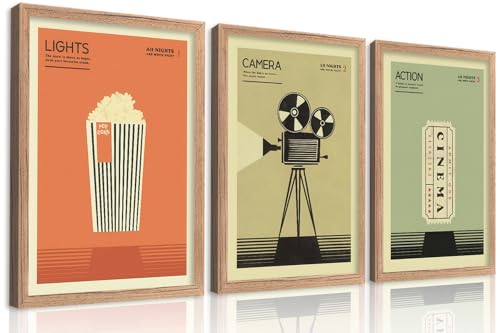 LAXIGYM 3Pcs Vintage Movie Wall Art, Film Reels Popcorn Lampligh Painting Picture Wall Decor, Home Theater Canvas Poster, Modern Room Media Cinema Print Artwork for Living Room Media Room, Unframed