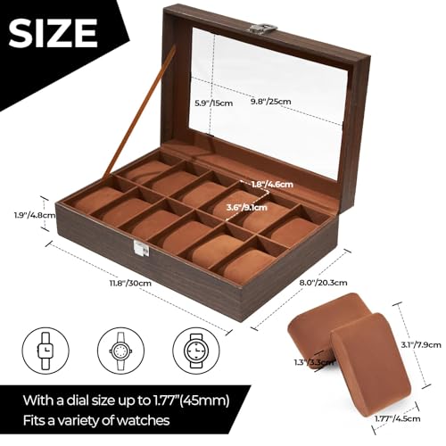 Ohuhu Etui na zegarki dla mężczyzn, pudełko na zegarki z 12 przegródkami, skóra PU, etui na zegarek, prawdziwa szklana pokrywka, przechowywanie biżuterii, miękki aksamitny organizer na zegarek