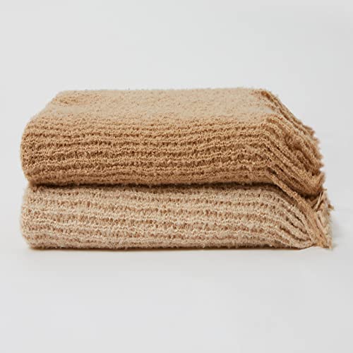 Zonli Textured Throw Blanket, 45” X 65”, Bulky Knit With Fringe Tassel, Splicing Dual-Color, Oat And Light Brown, For Sofa Chair Couch Bed Living Bed Room #TOP6