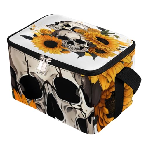 GzLeyigou Lunch Bags for Women Men 9 Cans,Vintage Skull Sunflower Hot & Cold Food Delivery Bag Insulated Grocery Bag Insulated Lunch Box Skeleton Cooler Bag for Office Work Picnic Beach