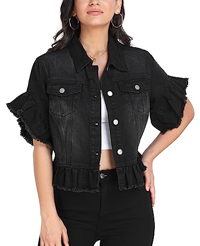 MISS MOLY Women's Denim Jacket Ruffle Sleeve Button Down Distressed Summer Cropped Jean Jackets Black XL