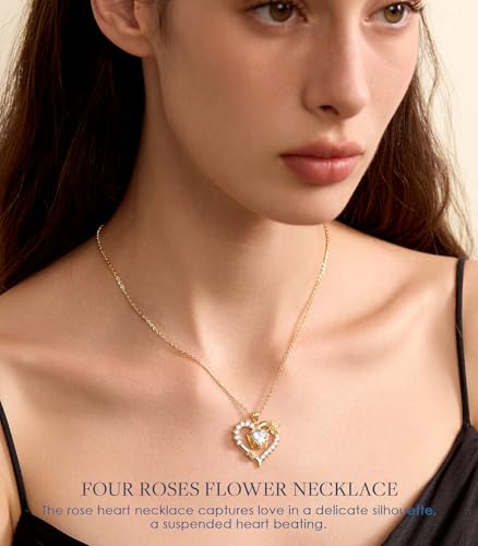 Beam & Bask Rose Flower Love Heart Necklace for Wife, 2-3 Carat Moissanite Women's Pendant, Sterling Silver Plated with 18K Gold, Anniversary Birthday Wedding Jewelry for Girlfriend Soulmate Her - Image 3