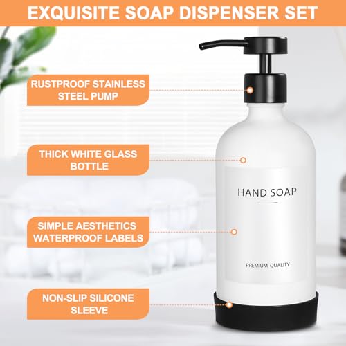 RYTOXILO Soap and Lotion Dispenser Set for Bathroom, 2 Pack White Glass Soap Dispenser with Flat Pump, Bathroom Hand Soap and Lotion Dispenser Set, Refillable Liquid Lotion Soap Dispenser