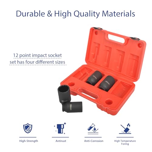higehio Impact Socket Set,1/2 inch Drive Spindle Axle Nut Socket Set 4PC 12 Point Metric 30mm 32mm 34mm 36mm