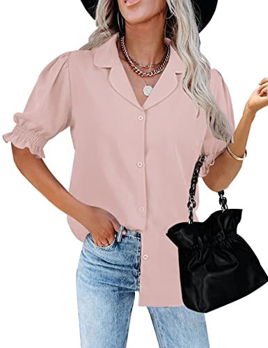 Qirno Button Down Shirt For Women V Neck Dressy Casual Ruffle Puff Short Sleeve Tunic Tops Summer Easy Care Chiffon Blouses Collared Pink S #TOP23