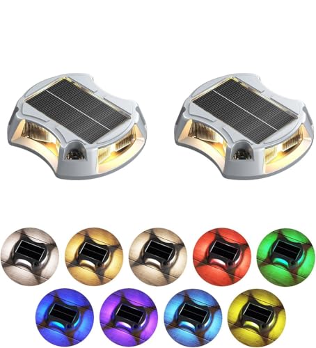 2Pack Solar Driveway Lights, Aluminum Alloy Solar Deck Light,IP68 Outdoor Waterproof Marine Dock Lights, Multi-Color Wireless Light for Garden Path and Walkway[RGB/Fix-Color/Strobe]
