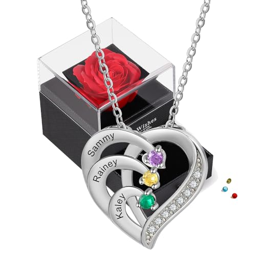 lorajewel Ewige Rose mit Damen Herz Halskette Silber 925 Kette mit Name Personalisierte Geschenke für Frauen für Geburtstags,Weihnachten, Valentinstag, Muttertag