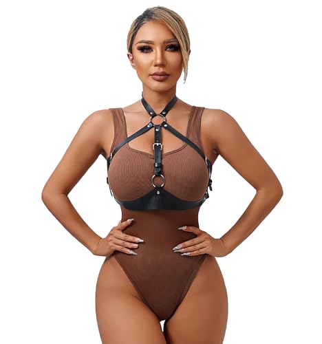 TWBQND Women's Leather Bondage Suit PU Leather Chest Waist Chain Adjustable Punk Style Corset Nightclub Adult Performance Costume Leather Erotica SM Body Bondage Tie Down Black
