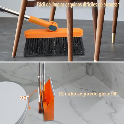 Miniatura 7 de Roellgs Juego De Escoba Con Dientes De Peine Antiviento Vertical, Mango Largo, Kit De Escoba Y Recogedor, Set De Limpieza Doméstica, Color Naranja