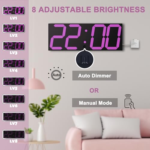 Image of CHKOSDA LED Large Digital Wall Clock, Oversize Wall Clock with 6 inch Numbers, Remote Control Count up /Countdown Timer Clock, Auto Dimmer, Big Calendar and Thermometer(Purple)
