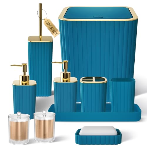 XLHOMO Bathroom Accessories Set - Gorgeous Bathroom Set, 10PC Teal Bathroom Accessory Set, Toilet Brush, Trash Can, Qtip Holder Dispenser & Soap Dispenser