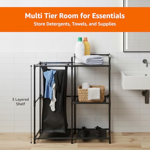 Image of Amazon Basics Multi-Function Laundry Shelf with 3-Tier Storage Organizer , Removable Polyester Bag, Iron Frame & MDF Shelf - 3-Tier Storage Organizer for Clothes, Towels & Supplies - Black (69L x 36W x 78H CM)