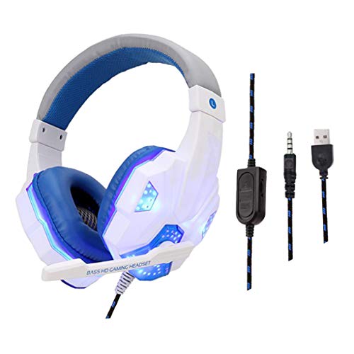 kesoto Headset com Fio para Jogos com Microfone E Luz LED - Branco Azul