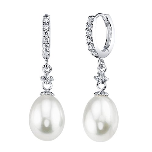 THE PEARL SOURCE 9-10mm Genuine White Freshwater Cultured Pearl & Cubic Zirconia Shiny Circle Earrings for Women