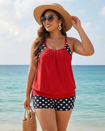 Image of Holipick Plus Size Tankini Swimsuits for Women Two Piece Tummy Control Bathing Suit Blouson Tankini Top with Shorts