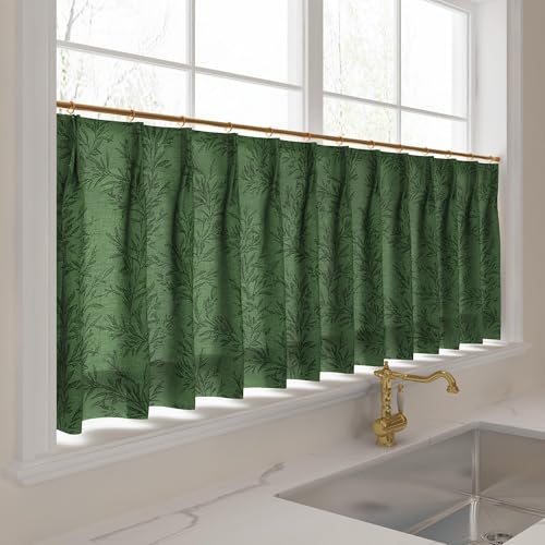 Image of TWOPAGES Pinch Pleat Leaf Print Cafe Curtains, Moss, 52W x 30L