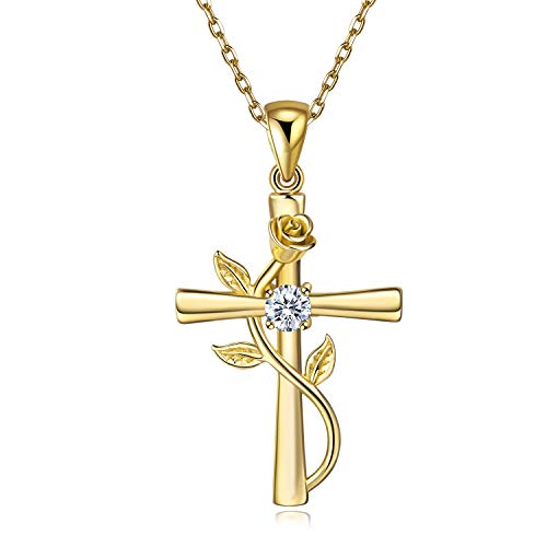 BlingGem Collane da Donna in Argento Placcato Oro Giallo con Zirconia Cubica Rotonda Croce Religiosa Rosa Fiore Pendente Catena Regolabile,48 cm