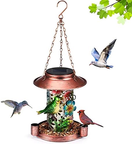 Solar Bird Feeder, Solar Hummingbird Feeder for Outside,Waterproof Metal Bird Feeder with Light,Water Feeder Cup, for Outdoors Garden Yard Backyard Decoration