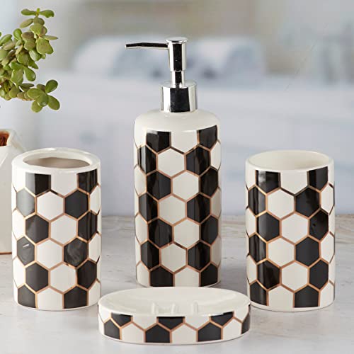 Image of SaSaSa Ceramic Bathroom Accessories Set of 4 Modern Bath Set with Soap Dispenser & Toothbrush Holder, Luxury Home & Gift Idea, White /Black (8351)