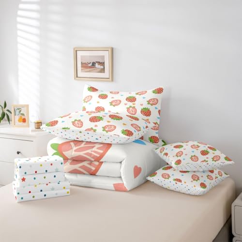 Image of 7 Pcs Cartoon Strawberry Bedding Sets Queen Size Colorful Lovely Hearts Decor Comforter Set Cute Fruits Romantic Style Bed in a Bag with Comforter,Flat Sheet,Fitted Sheet,2 Pillowcases,2 Pillow Covers