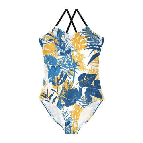 KLL Blue and Yellow Theme Plants Toddler Girls 1 Piece Swimsuit Beach Swimming Suits Adjustable Strap Quick-Dry