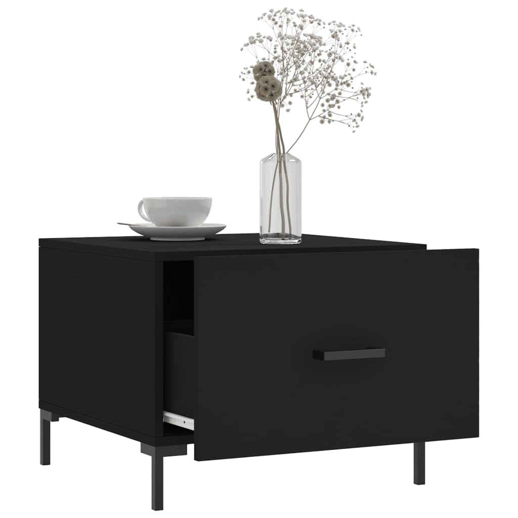 Juego de mesa de café negra de 50 x 50 x 40 cm de madera y hierro, diseño moderno con cajón y patas robustas, mesa auxiliar pequeña para salón, balcón y dormitorio