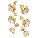 Ipetboom Juego de 3 Pares de Pendientes de Circonita Cúbica Dorados, Cuadrados y Redondos, Pendientes de Botón para Mujer, Diseño Minimalista y Geométrico, Joyas para Adolescentes y Uso
