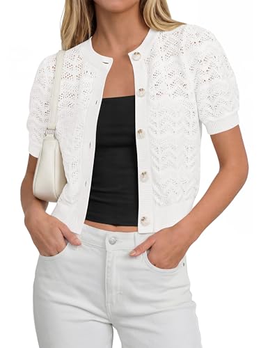 PRETTYGARDEN Women Summer Crochet Puff Short Sleeve Cardigan Lightweight Spring Cropped Button Up Beach Knit Sweater Tops(White,Medium)