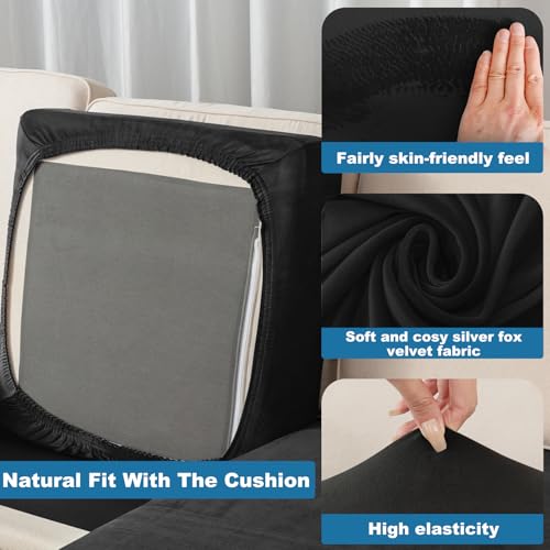 Image of Couch Cover 3-Piece Elastic Velvet Couch Cushion Covers & Chaise Slipcovers for L-Shaped Sofas, Sofa Seat Covers Washable, Soft Cover for Couches (2 Seater + Chaise, Black)