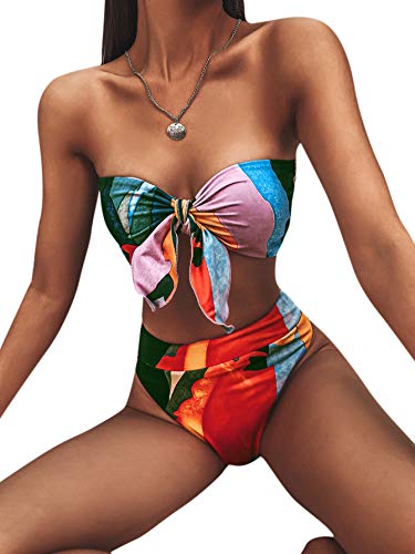 Shein Women's Graphic Swimsuit Tie Front Bandeau And High Waist Panty Bikini Set Bathing Suit Red Medium #TOP2