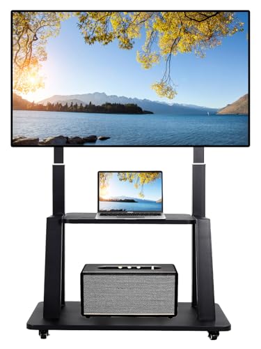 Mobile TV Stand on Wheels for 42-86 Inch Flat/Curved LED/LCD/OLED Rolling TV Cart Height Adjustable Heavy Duty Floor Portable TV Stand with Wheels with Laptop DVD Shelf Holds up to 220lbs