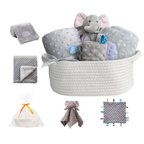 Image of CREVENT Baby Welcome Gift Set Storage Basket with 2 Blankets+ 1 Security Blanket + 1 Taggie + 1 Gift Bag with Ribbon (Grey)