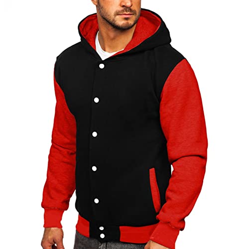 Mens Cotton Varsity Baseball Jackets Causal Slim Fit Pullover Hoodies Lightweight Thermal Bomber Jackets Workout Coats Red